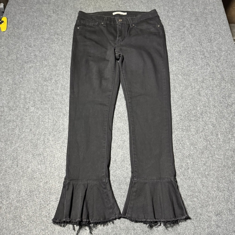 Levis 711 Skinny‎ Jeans Womens 28 Black Flare Ruffle Hem Distressed Stretch Boho